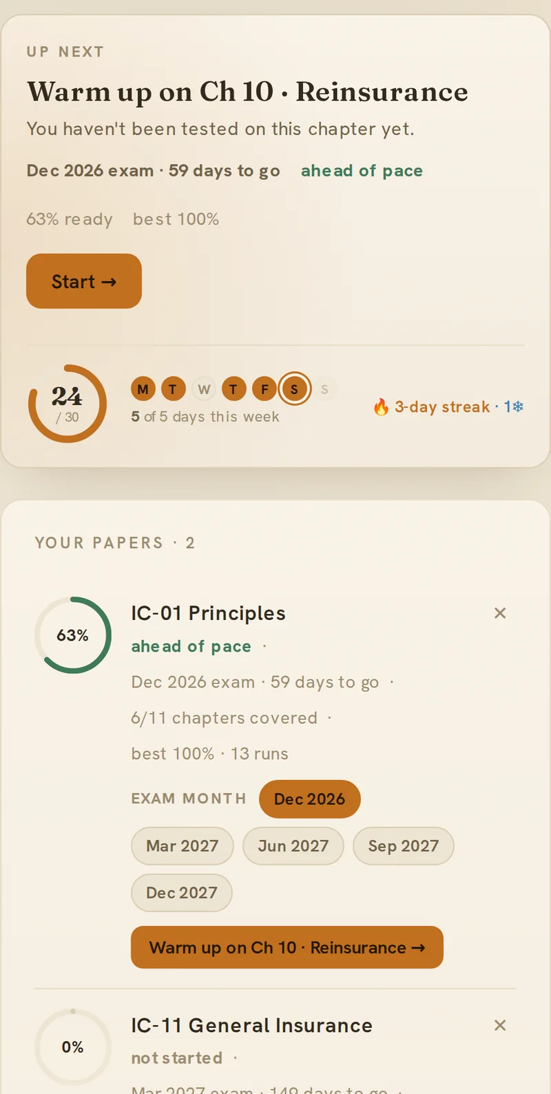 The exam plan page on a phone: the next step, today's progress and this week's study days, then each paper with its readiness and exam month.